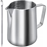 DINGHENG Milk Pitcher - Jarra de leche (600 ml- acero inoxidable- incluye lápiz para barista)- color plateado
